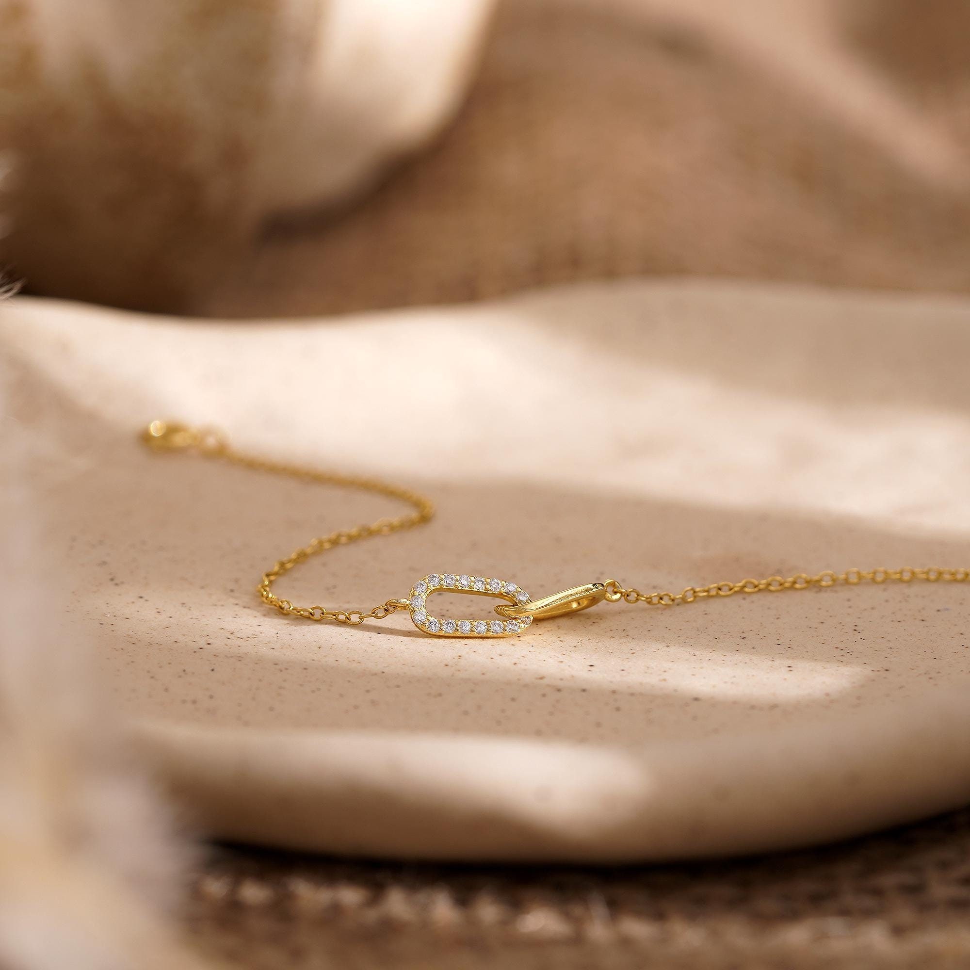 14k Gold Pave Paperclip Chain Bracelet Minimalist Cross